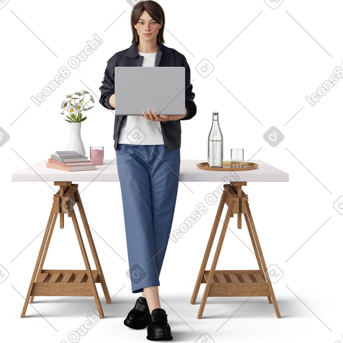 下载 3D Hygge 风格的 拿着笔记本电脑的年轻女子 插画，支持 PNG、SVG 格式