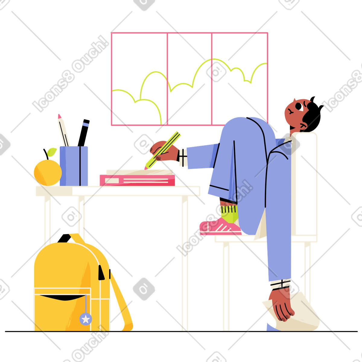 Student daydreaming at desk, Studies on the eve of the holidays animated illustration in Juicy style download in GIF, Lottie (JSON), AE