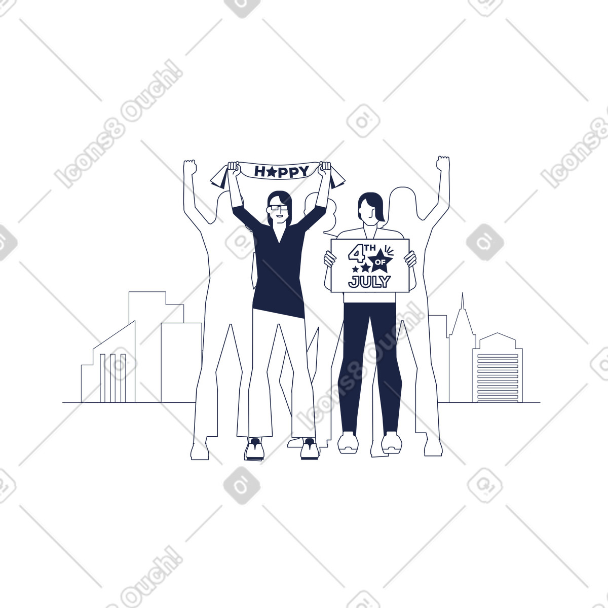 下载 Urban Line 风格的 Celebrating 4th of July with sign and banner, Independence Day event 插画，支持 PNG、SVG 格式