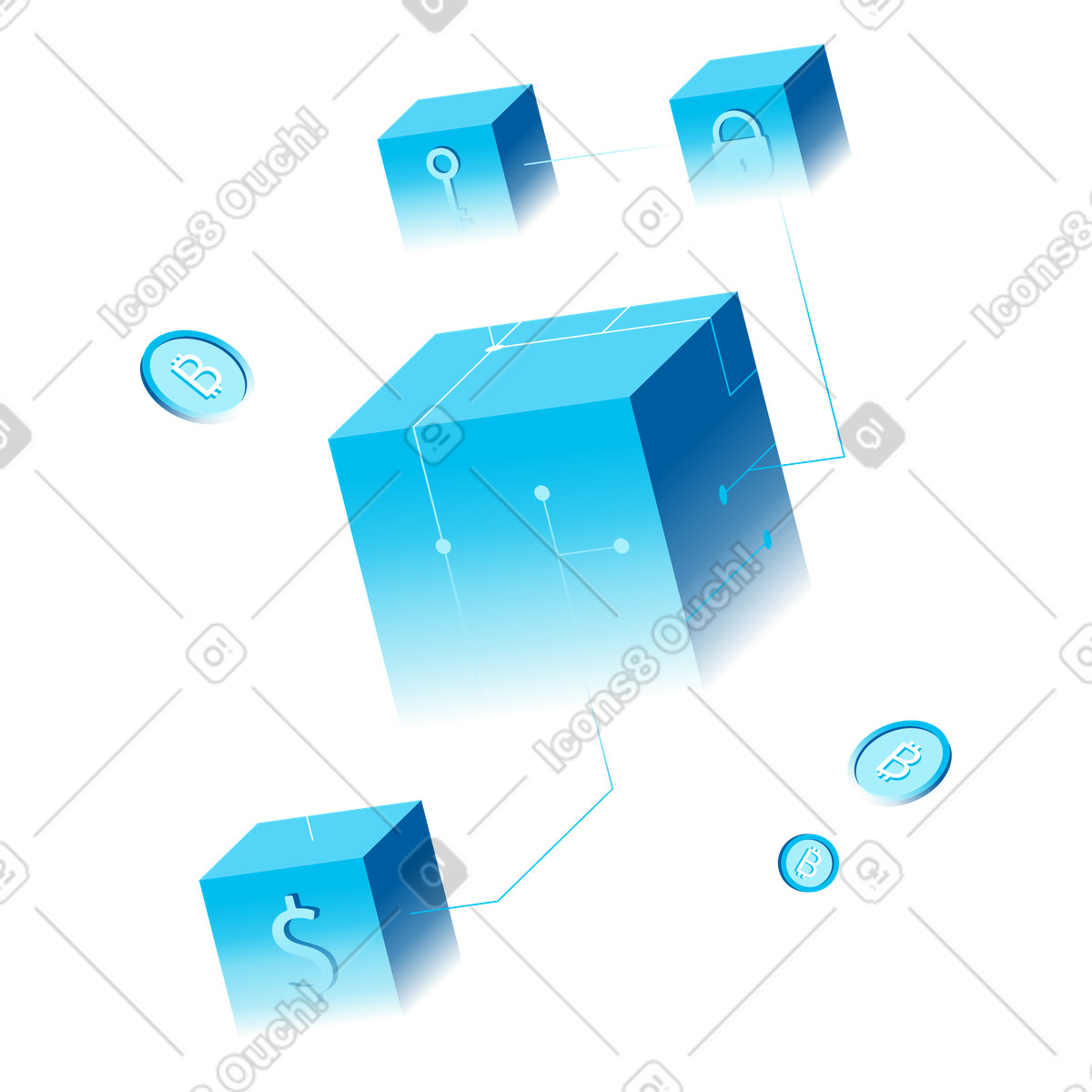 下载 Icy 风格的 Isometric blockchain structure with currency symbols, Decentralized ledger technology 插画，支持 PNG、SVG 格式