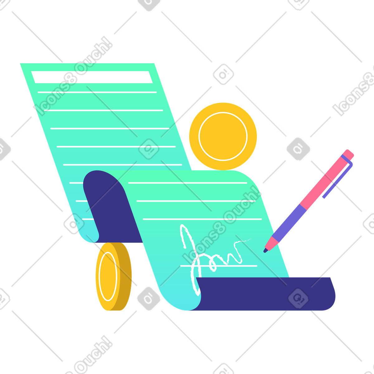 Bright スタイルの ペンとコインで署名された金融契約、事業契約、法的文書 のイラストをPNG、SVG形式でダウンロード