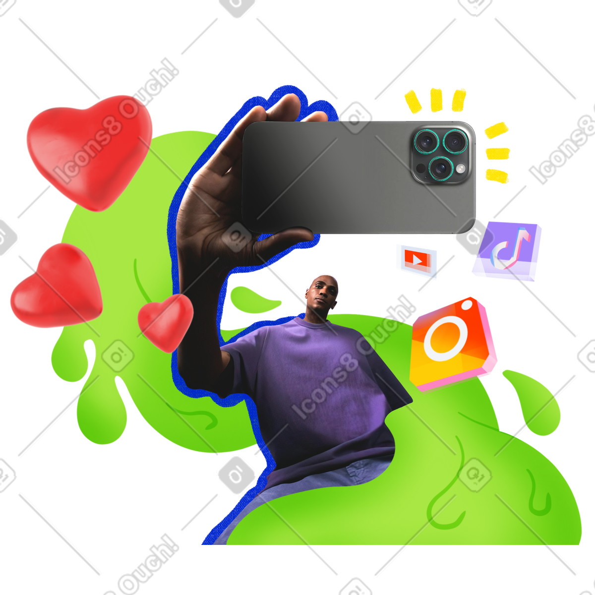 Ilustración Collage abstracto de smm, hombre publicando en las redes sociales estilo Energy a descargar PNG y SVG