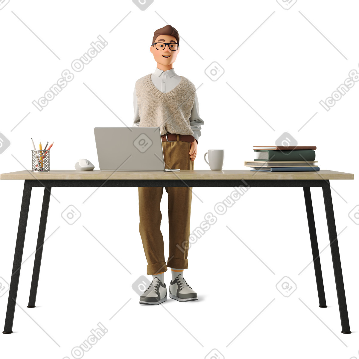 Ilustración Young man standing at his desk en estilo 3D Business a descargar en PNG y SVG