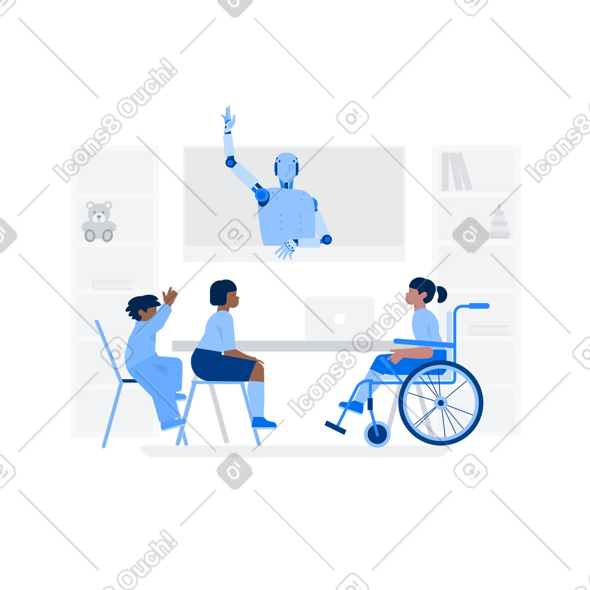 Android robot teaches children online in elementary school illustration Urban style download PNG, SVG