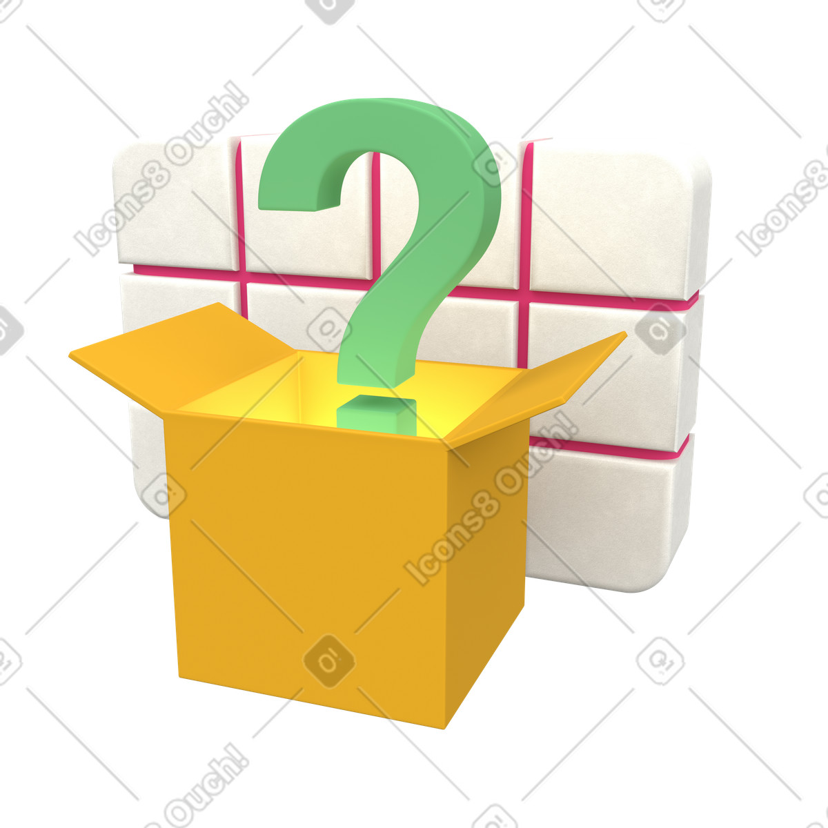 Question mark emerging from package, mystery box and unknown content illustration in 3D Grid style download in PNG, SVG