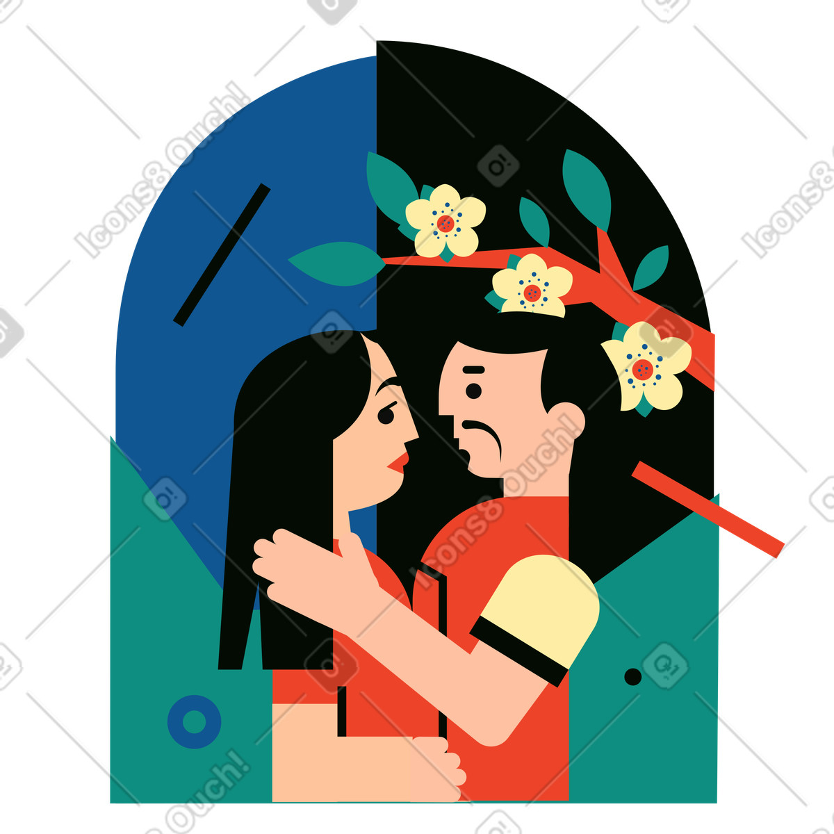 Couple hugging under a sakura tree illustration showcasing love, available as clipart in PNG, SVG