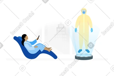 Woman choosing protective suit on hologram PNG, SVG