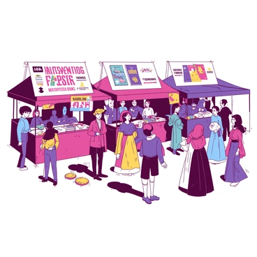 A vibrant scene of a festival is taking place, filled with various stalls selling illustrated books. Each stall is adorned with colorful banners displaying different book covers. In front of the stalls, there are several people in elaborate costumes, showcasing a mix of fantasy and historical themes. Some individuals are dressed as characters from classic literature, while others are wearing traditional attire. The atmosphere is lively, with groups of people engaging in conversations and admiring the artworks displayed on the stalls.