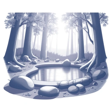 A forest pool nestled within a secluded area, surrounded by tall trees that reach towards the sky. The water surface of the pool is still, reflecting the forms of the surrounding foliage. Natural rocks in various sizes are scattered around the perimeter of the pool, some partially submerged, while moss and small plants grow between them. Sunlight filters through the leaves, casting intricate patterns of light and shadow on the forest floor. The atmosphere is tranquil, with the only sounds being the gentle rustling of leaves and the occasional chirp of birds nearby.