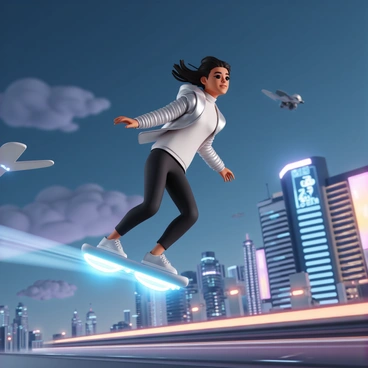 A person, wearing a futuristic outfit with a reflective silver jacket and sleek black pants, gliding effortlessly on a hoverboard. The hoverboard is streamlined and glowing with neon blue lights underneath. The background features a sprawling future cityscape with tall, glass skyscrapers, flying vehicles, and vibrant digital billboards. The sky is a deep twilight blue, with hints of purple and orange, creating a dynamic atmosphere. The person has a confident expression as they maneuver gracefully through the air, with their hair flowing in the wind.