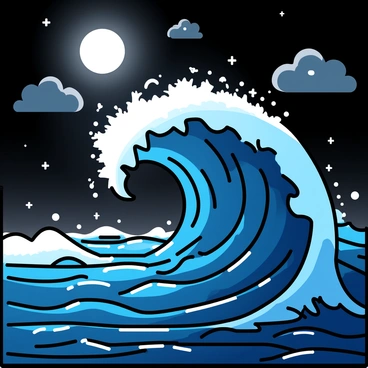 A nighttime scene featuring a large tsunami wave towering dramatically. The wave is illuminated by the soft glow of moonlight, creating shimmering reflections on the tumultuous water's surface. The sky is dark with scattered clouds, allowing some of the moonlight to filter through, contrasting against the deep blue of the ocean. The wave appears powerful and dynamic, with white frothy crests and dark water beneath. The horizon is faintly visible in the background, emphasizing the scale of the wave.