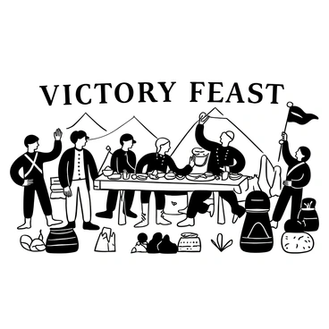 A group of soldiers gathered around a long wooden table, celebrating a victory in a camp. "Victory Feast" is written prominently above the table, which is laden with various food items such as bread, cheese, and meat. In the foreground, George Washington is depicted standing proudly, holding a flag. Soldiers are seen raising cups in a toast, while a campfire crackles nearby. Tents are set up in the background, and the scene is filled with various implements of camp life, such as cooking pots and barrels.