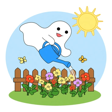 A cute ghost with a friendly expression and rounded features is floating above a sunny garden. The ghost is semi-transparent, with a soft white hue and big, expressive eyes. It is holding a bright blue watering can, gently pouring water onto a patch of colorful flowers. The flowers are in vibrant shades of red, yellow, purple, and pink, with green leaves and stems. The sun is shining brightly in a clear blue sky, casting cheerful shadows on the ground. The garden is surrounded by a low wooden fence and has a few butterflies fluttering around the flowers.