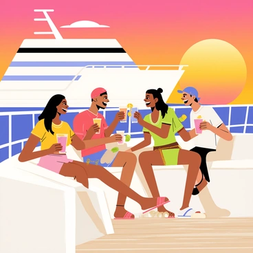 A group of four friends is gathered on the deck of a large white yacht, all laughing and enjoying cocktails. Two of them are holding colorful drinks with garnishes, while the other two have glasses filled with ice and slices of fruit. The deck has a polished wooden surface, and the friends are seated on comfortable lounge chairs. In the background, a vibrant sunset paints the sky with shades of orange, pink, and purple, reflecting off the calm ocean water. The scene captures a joyful atmosphere as the friends clink their glasses together in a toast against the stunning backdrop.
