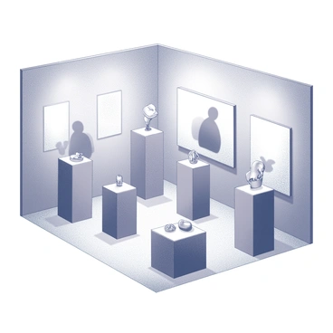 An intimate gallery space filled with small pedestals. Each pedestal supports a tiny art piece, showcasing various forms of craftsmanship. The walls are adorned with minimalistic decor, enhancing the focus on the delicate artwork displayed. Soft lighting illuminates each piece, creating a subtle contrast with the surroundings, allowing the details of the art to stand out. Visitors can be seen observing the pieces closely, engaged in quiet contemplation.
