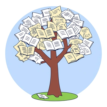 A tall tree with a sturdy brown trunk and a wide, spreading canopy. The leaves of the tree are made from pages of various books, each page displaying different texts and illustrations. The pages are fluttering gently in the wind, creating a lively movement. The background features a clear blue sky, allowing the vibrant white and beige of the pages to stand out. The ground below the tree is covered in green grass, with a few fallen pages scattered around.