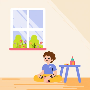 A child with curly brown hair sitting cross-legged on a wooden floor in a dimly lit room. The walls are painted a soft pastel color, and a small table with a few scattered toys is nearby. A single window is visible, showing a vibrant world outside filled with colorful flowers and bright green trees under a clear blue sky. Rays of sunlight filter through the window, casting warm light across the floor where the child sits. The child's expression is one of wonder as they gaze outside.