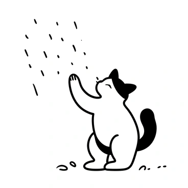 A cat with a fluffy coat crouching on a wet surface, reaching out its paw to catch raindrops falling from the sky. The rain creates small splashes on the ground, and a few droplets are visible on the cat's nose. Soft lines suggest the light rainfall around the cat. The scene captures the playful interaction between the cat and the raindrops.