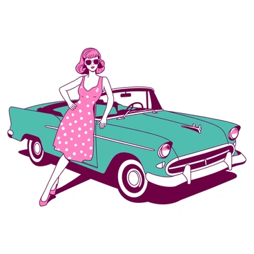 A pink pinup girl with a retro hairstyle is leaning against a teal classic convertible car. She is wearing stylish round sunglasses, and her outfit is a polka dot dress that accentuates her figure. The car's chrome details glisten in the sunlight, and the convertible top is down, revealing a plush interior. The girl's confident pose includes one leg crossed over the other, with her hand resting on the car door.