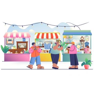 A vintage market day scene is depicted with colorful stalls lined up under a bright blue sky. Each stall is filled with various antiques, including ornate wooden furniture, vintage clocks, and porcelain figurines. Some stalls showcase retro clothing, with dresses in patterns of polka dots and floral prints hanging on display. Shoppers are browsing the items, inspecting a leather jacket and flipping through a box of old vinyl records. Potted plants add greenery to the scene, and string lights are draped above, creating a lively atmosphere.