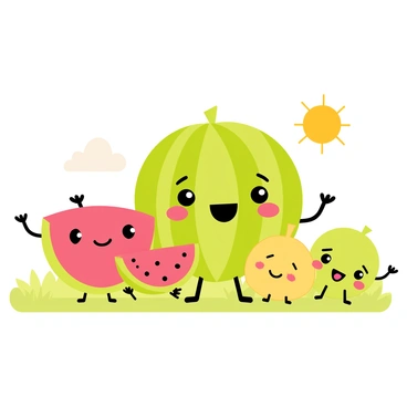 A family of melons with different sizes and expressions, enjoying a day out.