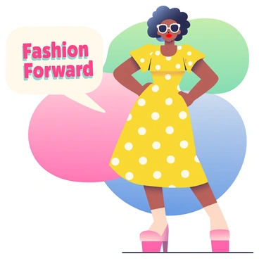 A vintage fashion model with curly hair is posing confidently in a bright yellow polka dot dress. She is wearing red lipstick and oversized sunglasses. The background consists of large, colorful geometric shapes in shades of pink, blue, and green, creating a vibrant atmosphere. To the left, there is a large, stylized speech bubble with the text "Fashion Forward" in bold letters. The overall composition captures the essence of retro aesthetics with a playful twist.