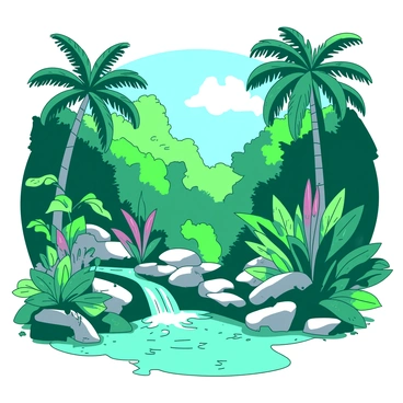 A vibrant tropical rainforest filled with lush green foliage and tall, dense trees. Various exotic plants with large, colorful leaves are scattered throughout the scene. In the center, there is a small cascading waterfall that flows down smooth stones into a clear, tranquil pool. The sunlight filters through the canopy, casting soft shadows on the ground and illuminating the vibrant greens of the plants.