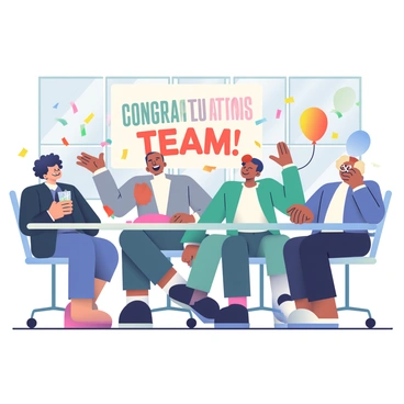 A corporate team of six individuals is gathered in a modern office celebrating a big win. The team consists of three men and three women, each wearing professional attire. One woman with curly black hair is holding a glass of sparkling water and smiling brightly. A man with short brown hair is lifting his hands in excitement, and another man with glasses is throwing colorful confetti into the air. The office has large windows that let in natural light, and there are balloons in various colors tied to the chairs. Confetti in shades of gold, blue, and red is scattered across the sleek glass table and the floor, creating a festive atmosphere. A large screen in the background displays "Congratulations Team!" in bold letters.