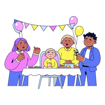 A baby's first hair-cutting ceremony taking place at a family gathering. In the center, there is a small, high chair with a white cloth draped over it. Seated in the chair is a baby with soft, curly hair. Surrounding the chair are family members, including a smiling mother and a proud father. The mother is holding a small pair of scissors, ready for the ceremony. Colorful decorations are hanging in the background, including balloons and streamers. A table nearby is adorned with traditional sweets and snacks for guests to enjoy.