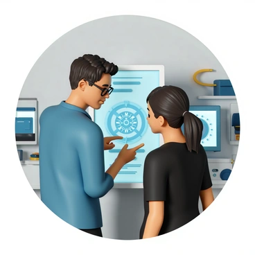 Two engineers, one male and one female, are standing closely together, focused on a large digital screen that displays a bright and detailed tech prototype. The male engineer is wearing a blue shirt and glasses, while the female engineer is dressed in a black blouse and has her hair tied back. They both have serious expressions as they point at various features on the screen. Behind them, a modern office environment is visible, with additional digital screens and engineering tools scattered around the workspace.