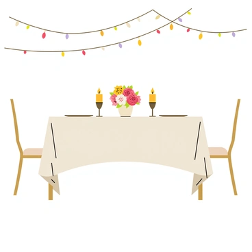 A beautifully arranged dinner table set for two with a white tablecloth and elegant silver cutlery. The table features two glimmering candles in ornate holders casting a warm glow. Surrounding the table are vibrant flowers in various colors, including red roses and white lilies, enhancing the romantic atmosphere. Soft fairy lights are draped overhead, adding an enchanting touch to the scene. A small vase with fresh flowers is positioned at the center of the table, completing the intimate dinner setup for the newlyweds.
