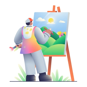 The Tin Man, made of shiny silver metal, is standing in an open field, holding a large paintbrush in his right hand. He is focused on painting a vibrant landscape on a large canvas that is set up in front of him. The canvas features rolling green hills under a bright blue sky with fluffy white clouds. In the background, there are colorful flowers blooming in various shades of pink, yellow, and purple. The sun is shining brightly, casting soft shadows on the ground, and there is a gentle breeze causing the grass to sway slightly. Paint splatters in various colors cover the Tin Man's apron, revealing his creative process.