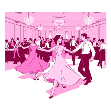 A pink ballroom filled with couples dancing gracefully on a polished white floor. The dancers are wearing elegant lolita dresses in various styles and colors, twirling as they move in perfect harmony. Sparkling chandeliers hang from the ceiling, casting shimmering lights across the scene. Each couple exudes joy as they engage in a lively dance, creating a vibrant atmosphere filled with excitement and celebration. The soft fabric of the dresses sways beautifully with each movement, enhancing the elegance of the ballroom.