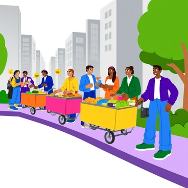 A bustling urban scene featuring several street vendors lined along a busy sidewalk. Each vendor has a colorful cart displaying an array of goods, including fruits, snacks, and handmade crafts. Price tags are clearly visible, indicating that they adhere to a price ceiling. Diverse customers of various ethnic backgrounds are engaged in conversation, some are examining the items, while others are making purchases. The environment is full of energy, with tall buildings casting shadows overhead and trees lining the street.