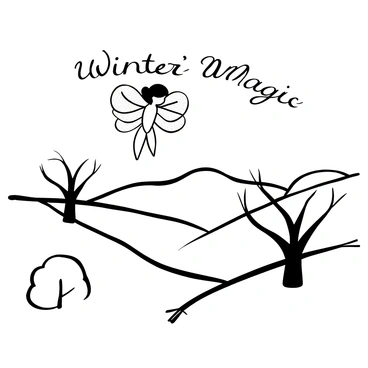 A fairy with frost-covered wings is gliding gracefully above a snowy landscape. The wings sparkle with intricate frost patterns, reflecting the light in delicate details. Below, the ground is blanketed with a thick layer of snow, featuring soft, undulating mounds and a few scattered, leafless trees. Wisps of frost adorn the branches of the trees, creating a shimmering effect. In the background, distant hills rise gently against the wintry scene, all under a clear sky. "Winter's Magic" is written in elegant script across the top of the illustration.