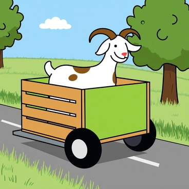 A lively goat with white fur and brown spots is standing inside a wooden animal trailer. The trailer has a bright green exterior and is parked on a rural road surrounded by tall grass. The goat has large, curved horns and a playful expression, with its ears perked up. Sunlight casts shadows from the trees lining the road, and a blue sky can be seen above with fluffy white clouds. The trailer has an open slatted side, allowing a clear view of the goat inside.