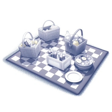 A picnic setup on a grassy field. A large checkered blanket is spread out, covering the ground. Several woven baskets are placed on the blanket, each filled with an assortment of foods. There are neatly arranged sandwiches, fresh fruits, and a selection of snacks visible on the blanket. A few drinks are presented in decorative bottles, and a pair of plates with utensils rest nearby. The scene is illuminated by bright sunlight, casting gentle shadows on the blanket and surrounding area.