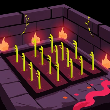 A Nether wart farm inside a dimly lit Nether fortress. The farm features rows of dark red Nether wart plants with tall, spiky green stems, arranged neatly in dark soil. The backdrop consists of rugged stone walls with glowing redstone torches casting a warm, flickering light, illuminating the surroundings. Shadows dance on the stone floor, adding depth to the scene. A few withered vines hang from the ceiling, and a small, ominous lava flow is visible in the corner, providing an eerie ambiance.
