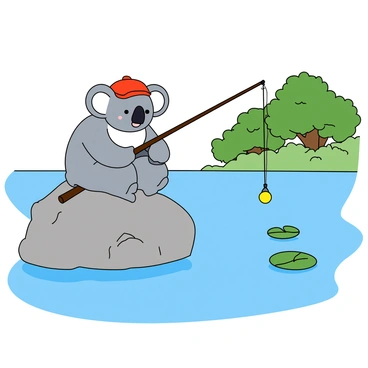 A cartoon-like illustration of a koala sitting on a large rock by a lake. The koala has gray fur with a white chest and is wearing a small red fishing hat. It is holding a fishing rod with a bright yellow bobber, patiently waiting for a bite. The lake is calm and features a few lily pads floating on the surface. In the background, there are green trees with fluffy leaves and a clear blue sky. The koala's expression is focused and determined as it gazes into the water.