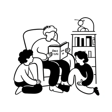 A grandparent with an inviting posture is seated in a cozy armchair, surrounded by two grandchildren who are seated on the floor. The grandparent is gesturing animatedly with their hands while holding an open storybook, with the text "Once upon a time" visible on the page. The grandchildren, one with curly hair and the other with straight hair, are leaning in closely, their attention fixed on the book. A small bookshelf filled with other storybooks is visible in the background, along with a warm lamp casting a soft glow.