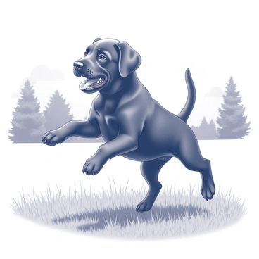 A black Labrador puppy with a shiny coat is playfully jumping in a grassy park. The puppy has its ears flopped back and its tongue out, expressing excitement and energy. Surrounding the puppy, the grass is lush and dense, with blades swaying gently. In the background, there are a few trees providing shade and a clear sky overhead. The puppy is in mid-air, with its paws lifted off the ground, showcasing its playful spirit.