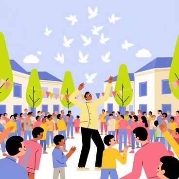 A town square bustling with people, featuring a large crowd gathered in excitement. In the center, a person is gently releasing a group of white doves into the blue sky. The doves are soaring upwards, their wings spread wide, catching the sunlight. The square is surrounded by quaint buildings, with colorful banners hanging down. Smiling faces of children and adults are visible, some clapping and others pointing at the doves as they ascend. The atmosphere is lively and filled with joy, with a few trees lining the edges of the square.