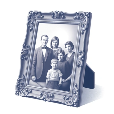 A vintage wooden frame intricately carved with floral designs and ornate details. Inside the frame, there is an old black-and-white family portrait featuring a group of five individuals, all dressed in formal attire from a bygone era. The individuals are positioned closely together, smiling gently at the camera, with soft lighting highlighting their features. The background of the portrait is slightly blurred, emphasizing the family as the main focal point. The frame itself stands on a wooden surface, showcasing its aged texture and rich grain.