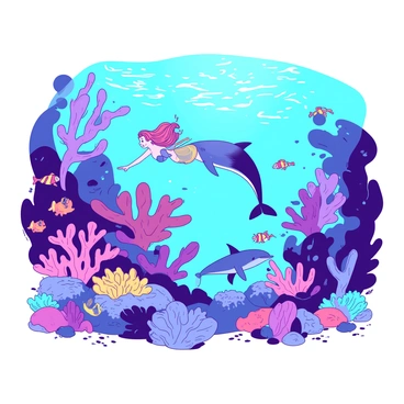 A duotone illustration depicts a vibrant underwater kingdom filled with colorful coral reefs. The coral is a mix of various shapes, including branching and dome forms. Various mythical sea creatures swim gracefully among the corals. A majestic mermaid with flowing hair is seen interacting with a playful dolphin. Nearby, a group of colorful fish dart in and out of the coral formations. Sunlight filters down from the surface, creating shimmering patterns in the water.