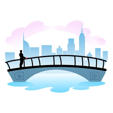 A small figure is standing on a bridge, looking out towards the city skyline. The silhouette of the figure is slightly hunched, creating a contemplative posture. The bridge is made of iron, with intricate designs along its sides. Below, the river reflects the vibrant colors of the skyline, showcasing tall buildings with varying shapes and sizes. The background features a gradient of pastel colors in the sky, transitioning from soft pinks to light blues, enhancing the tranquil atmosphere of the scene. The water is smooth, mirroring the skyline like a glass surface, adding depth to the visual composition.