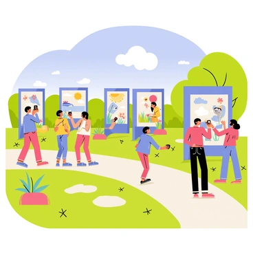 An outdoor exhibit featuring large-scale illustrations displayed on tall wooden panels arranged in a park-like setting. The panels are adorned with colorful and vibrant artwork depicting various scenes of nature and whimsical characters. Lush green grass surrounds the exhibit, with patches of colorful flowers adding to the scenery. A blue sky with fluffy white clouds is overhead, and gentle trees provide shade around the area. People of different ages are walking through the exhibit, engaging with the illustrations and taking pictures.