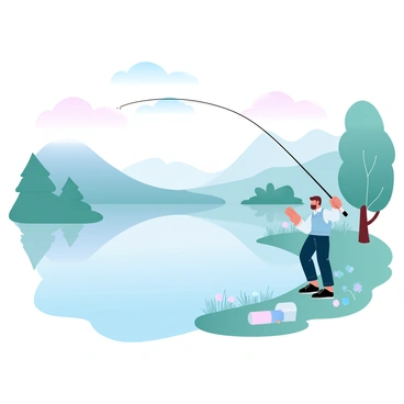 An angler is standing at the edge of a calm lake, demonstrating casting techniques with a fishing rod. The angler is wearing a lightweight fishing vest and has a fishing tackle box beside him on the grassy shore. The lake is reflecting soft pastel colors from the sky, creating a gradient effect on the water surface. Surrounding the lake are gentle, rolling hills covered in lush greenery and patches of wildflowers. Nearby, a few trees provide shade, their leaves softly swaying in the breeze. In the background, there are distant mountains fading into the pastel sky.