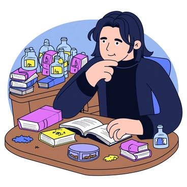 A man with long black hair and wearing a dark robe sits at a wooden desk. He has a serious expression on his face and appears deep in thought. The desk is cluttered with ancient books that have worn covers, stacked in disarray. Various potion ingredients, such as small glass vials, dried herbs, and mysterious powders, are scattered across the surface. The room has dim lighting, highlighting the dusty atmosphere filled with knowledge and magic.