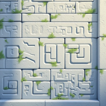 An ancient stone wall is covered in intricate carvings depicting "ahki" symbols. The surface of the stone is textured, with moss growing in the crevices of the carvings, adding a touch of green. The symbols are arranged in a pattern, some larger and more prominent, while others are smaller, interspersed among them. Sunlight casts gentle shadows across the carvings, highlighting the depth and detail of each symbol. In the background, the weathered stone of the temple structure looms, with a few cracks visible, suggesting age and history.