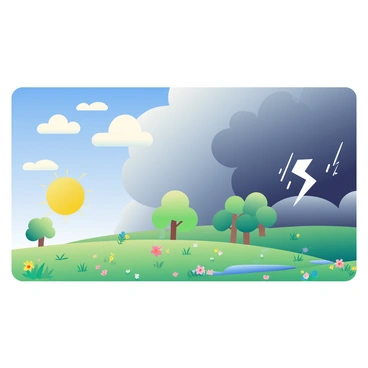 A wide landscape transitions from bright and sunny weather on the left side to dark and stormy weather on the right side. On the left, the sky is clear with a vibrant blue color, and fluffy white clouds are scattered throughout. The sun is shining brightly, casting warm light over a green meadow filled with colorful wildflowers. In the center, the clouds begin to darken and thicken, with shades of gray emerging. A gentle breeze rustles the flowers, and a few leaves are lifted from the trees. On the right side, the sky is filled with heavy, dark storm clouds, and the landscape shows signs of an impending storm. Raindrops begin to fall, creating ripples in puddles on the ground. Lightning flashes can be seen between the clouds, and the colors are muted and dramatic, enhancing the sense of the storm's power.